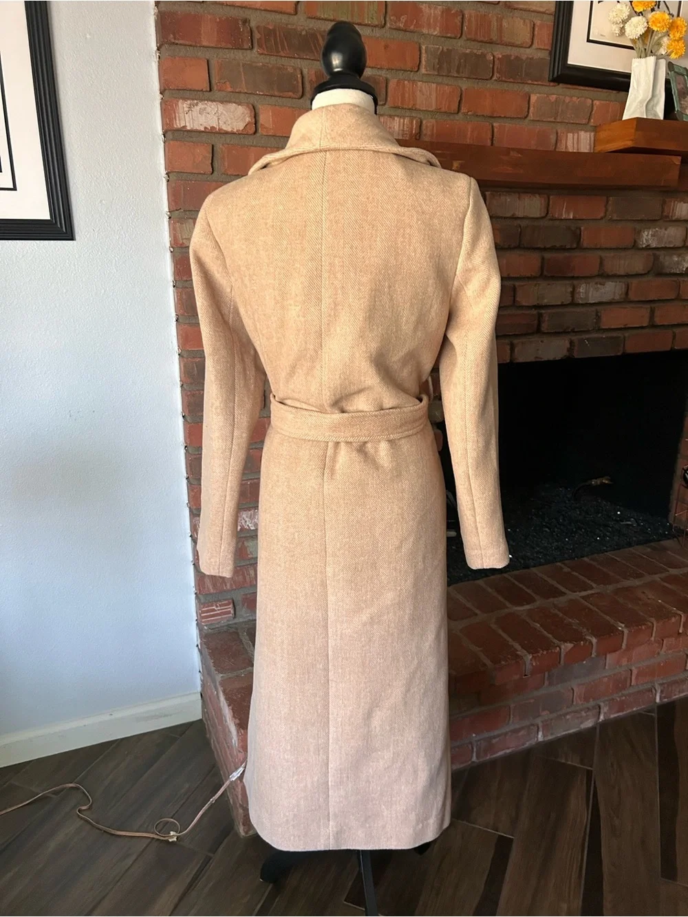 Rachel Parcell Herringbone Long Wool Blend Wrap Coat in Tan Sz S - Picture 6 of 11